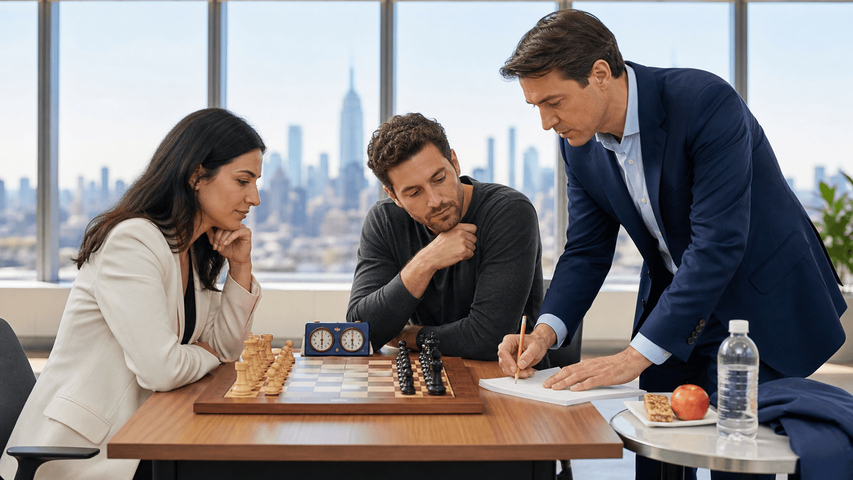 Sunlit chessboard on a classroom table with students’ hands mid-move, Manhattan skyline blurred in the window.