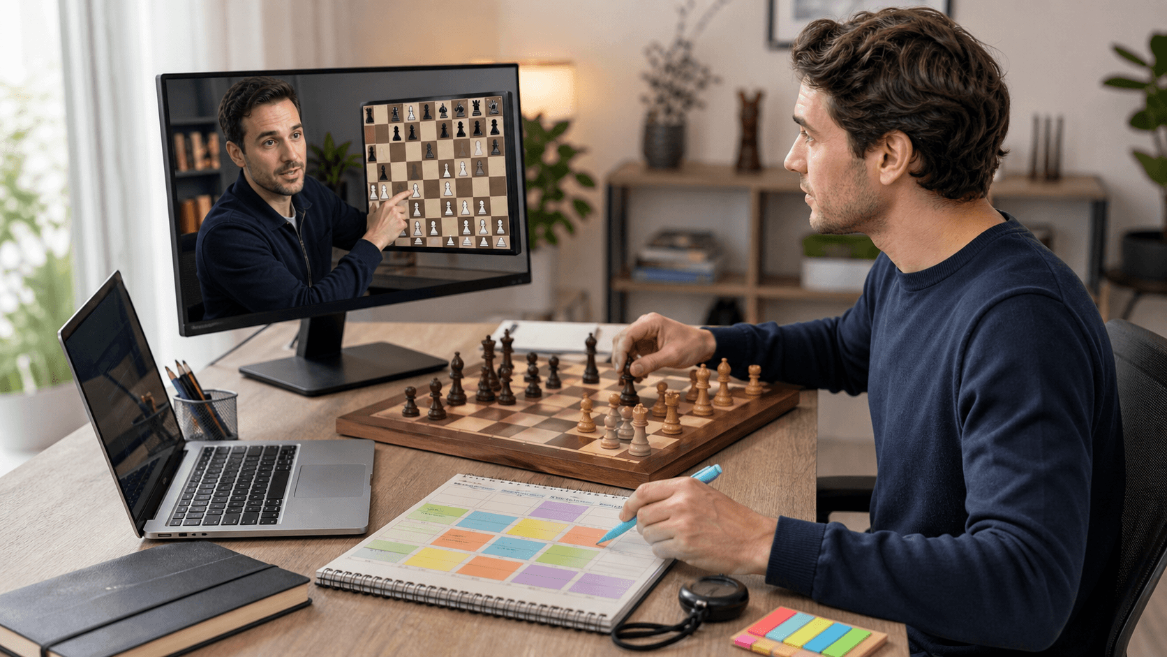 Chessboard beside a weekly planner and laptop on a wooden desk, with warm light and blue accents