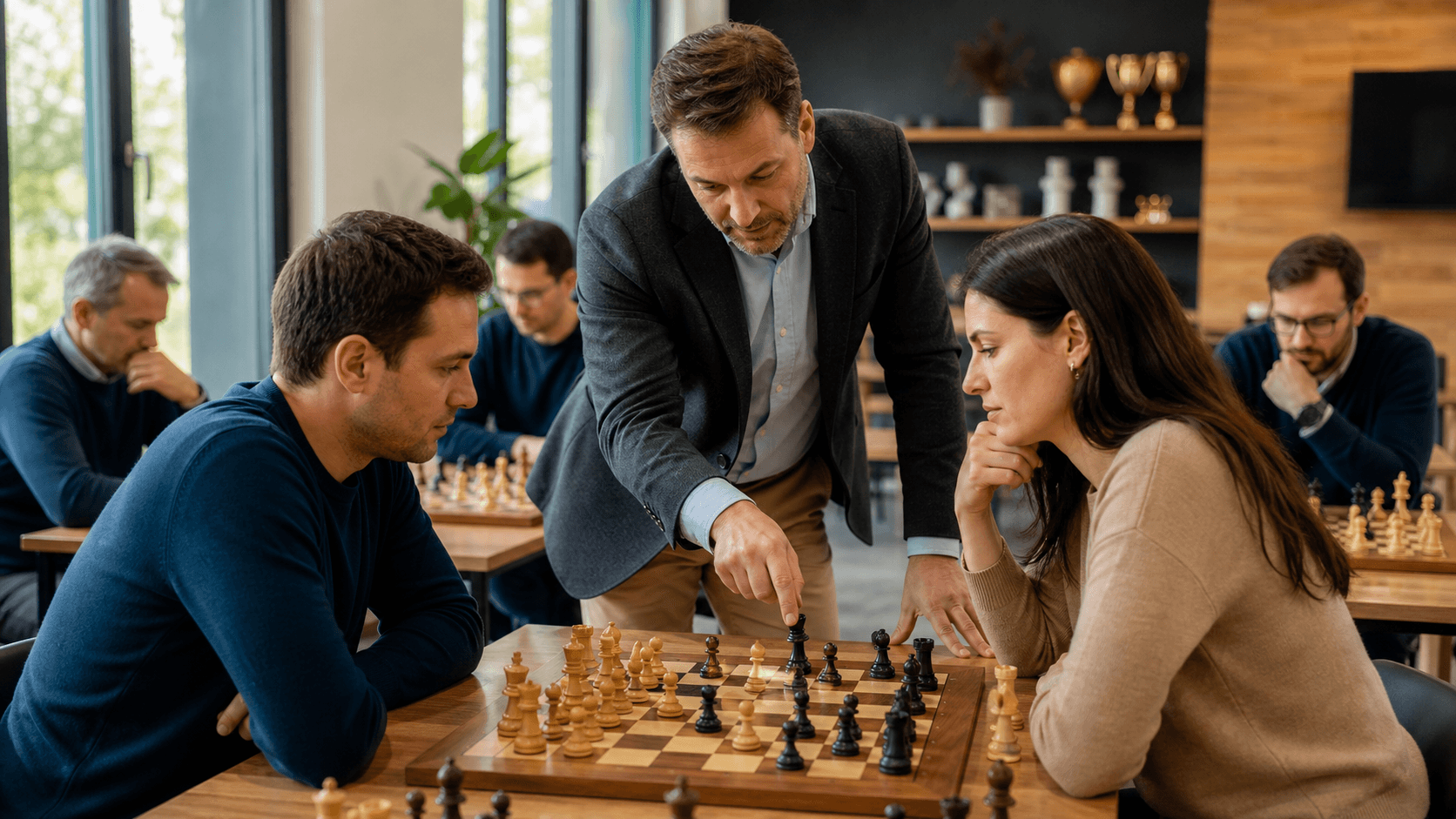 A chessboard with wooden pieces under dramatic warm lighting, focused on a central middlegame position.