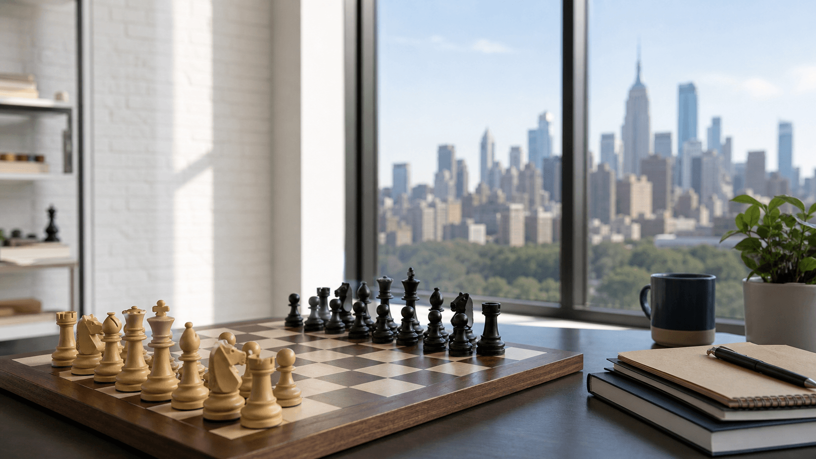 Sunlit classroom with a chessboard in the foreground and players studying moves on a wall-mounted board.
