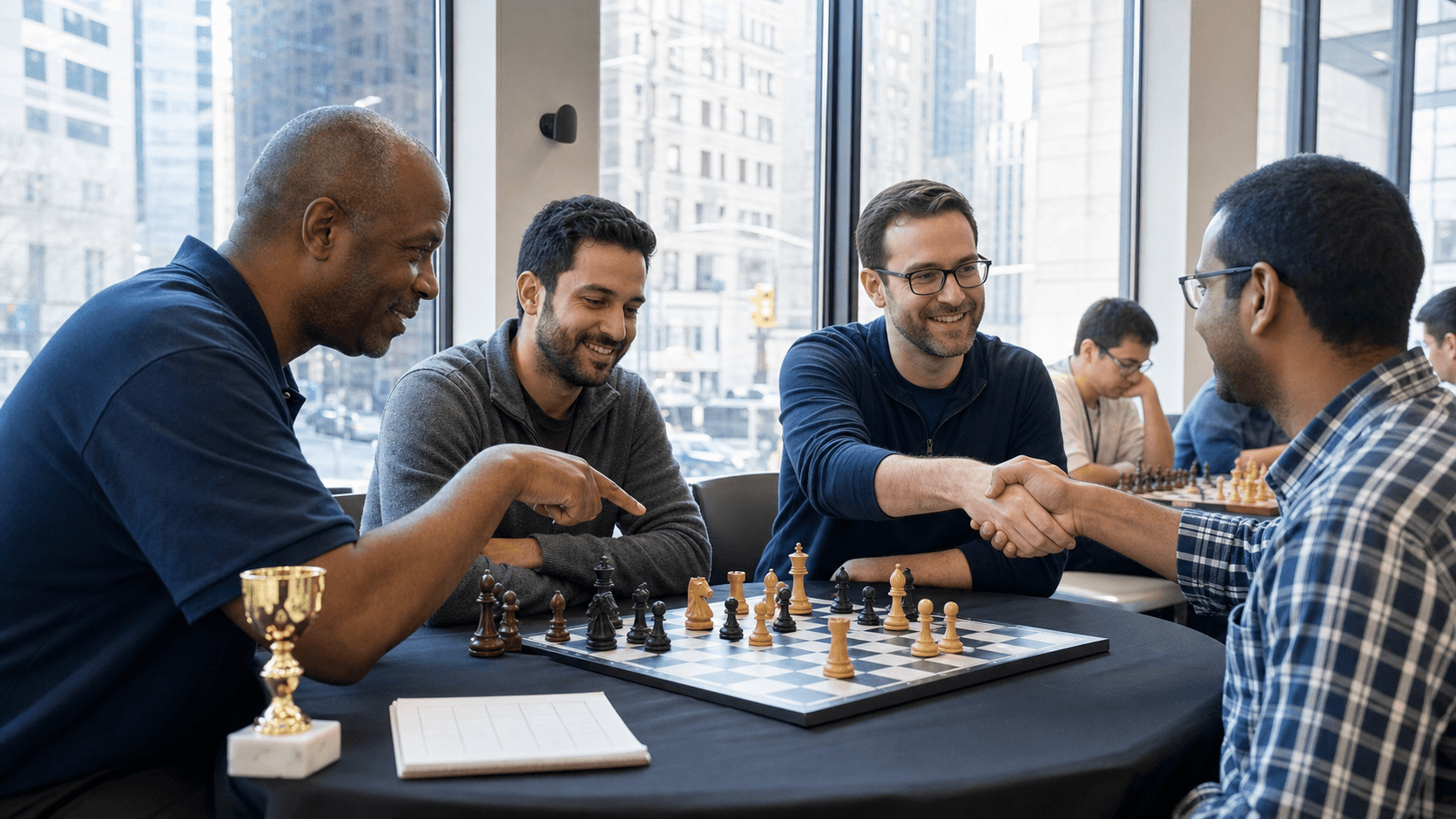 Kids playing chess at a wooden table in a bright tournament hall, with black-and-white pieces and blurred spectators behind