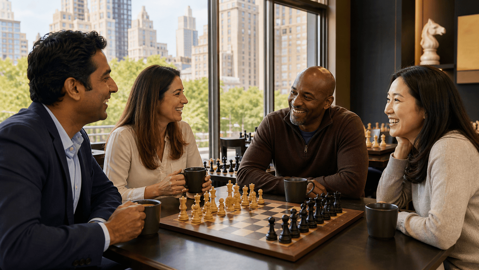 Parents watch children playing chess at wooden tables in a bright Manhattan tournament hall.