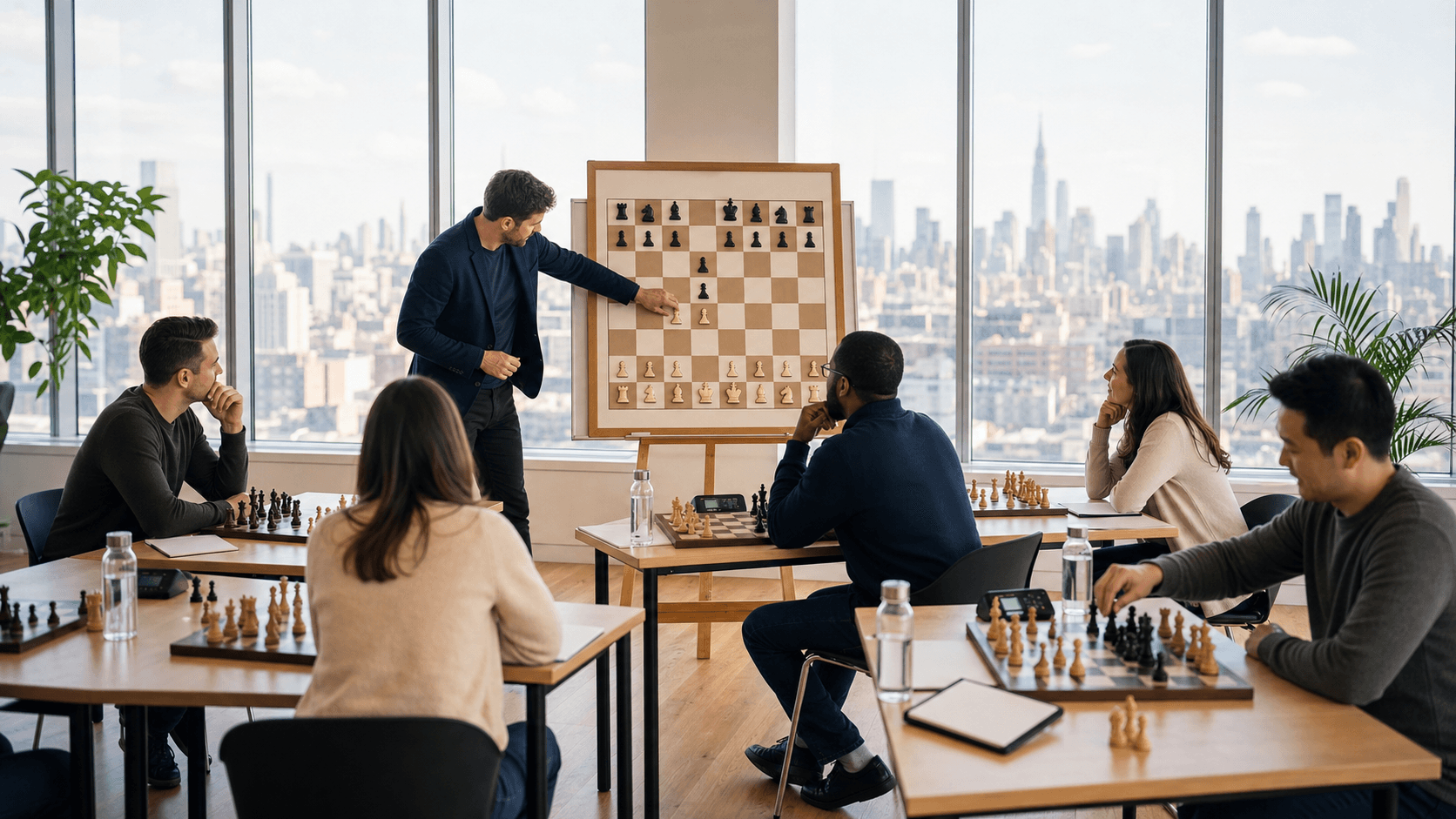 Sunlit classroom with students at wooden tables playing chess, black-and-white boards and pieces in the foreground