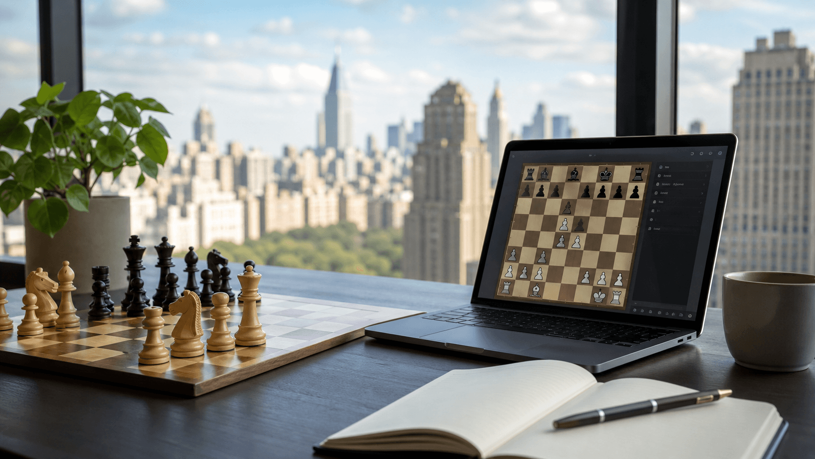 Chessboard on a laptop screen beside a wooden chess set, with Manhattan skyline lights in the background.